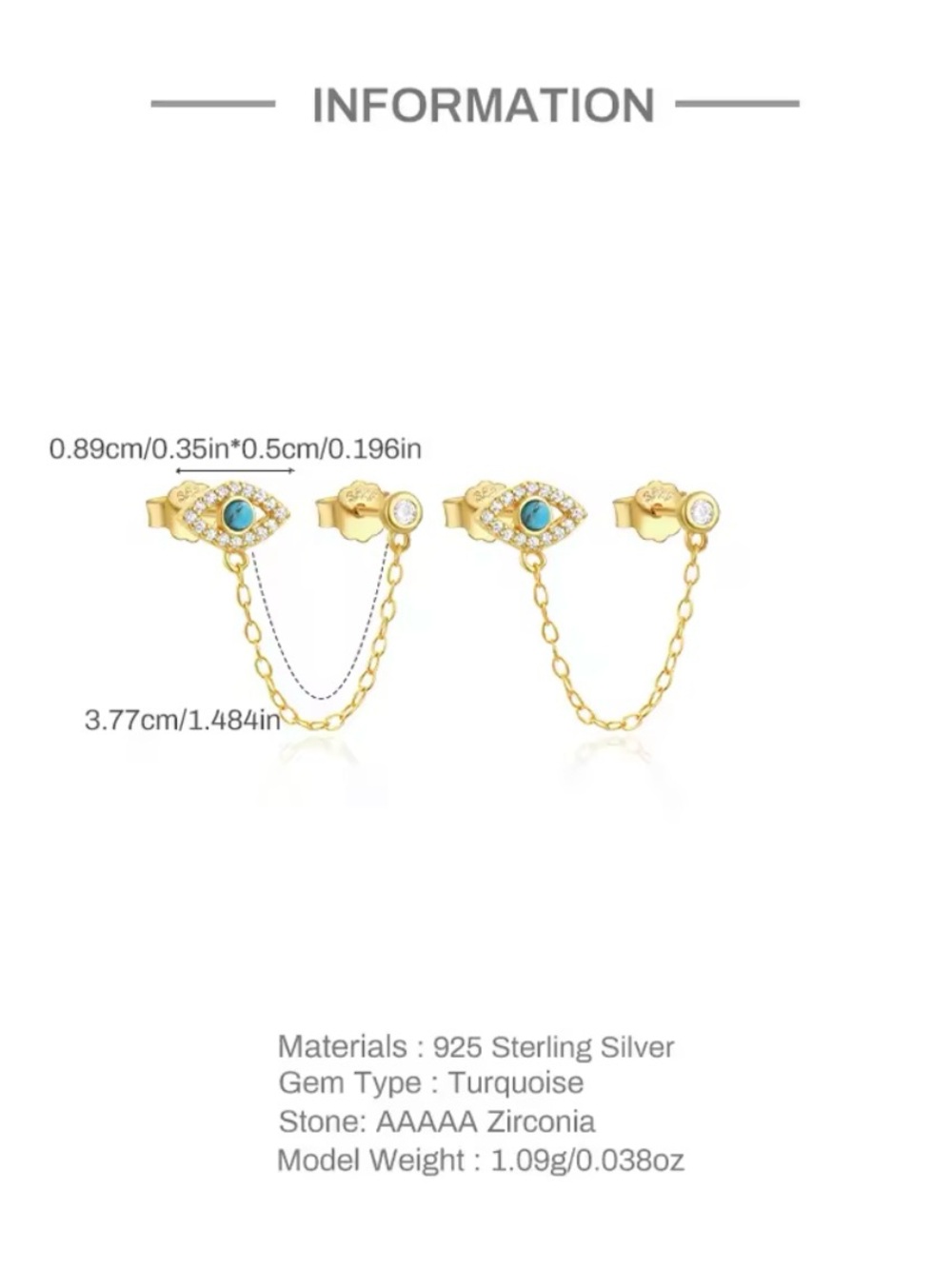 925 Sterling Silver Turquoise Evil Eye Double-Stud Chain Earrings - Picture 4 of 4